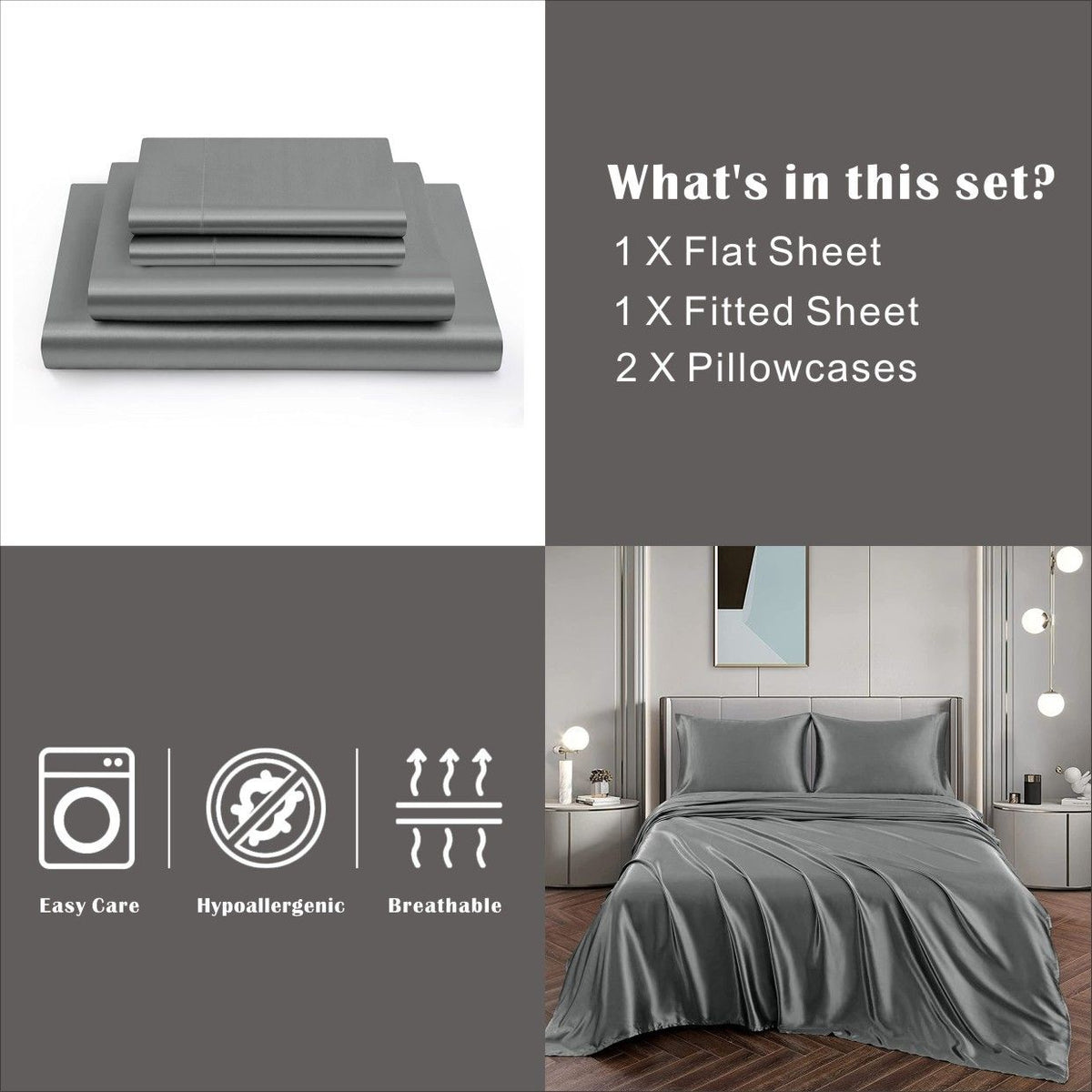Art Silk Satin Sheet Set Hotel 3 Pieces Fitted/Flat Sheet Bedding Set-Luxury Soft Silky Sheets for Hair and V1317-SD90-AUKS-4JT-HUI