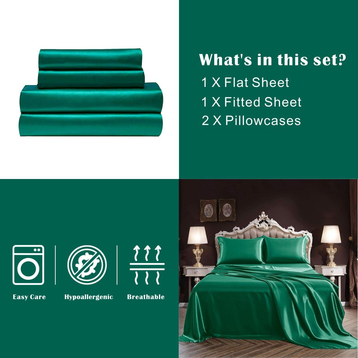 Art Silk Satin Sheet Set Hotel 3 Pieces Fitted/Flat Sheet Bedding Set-Luxury Soft Silky Sheets for Hair and V1317-SD90-AUKS-4JT-LV
