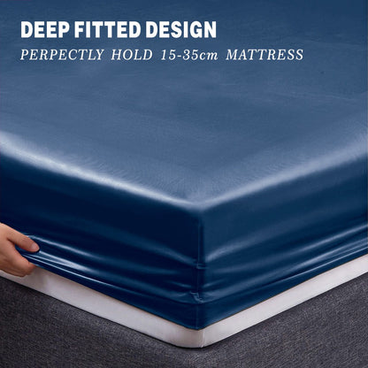 Art Silk Satin Sheet Set Hotel 3 Pieces Fitted/Flat Sheet Bedding Set-Luxury Soft Silky Sheets for Hair and Skin, Similar to Silk Bed Sheets Set 3 Pieces(King Single,Navy)