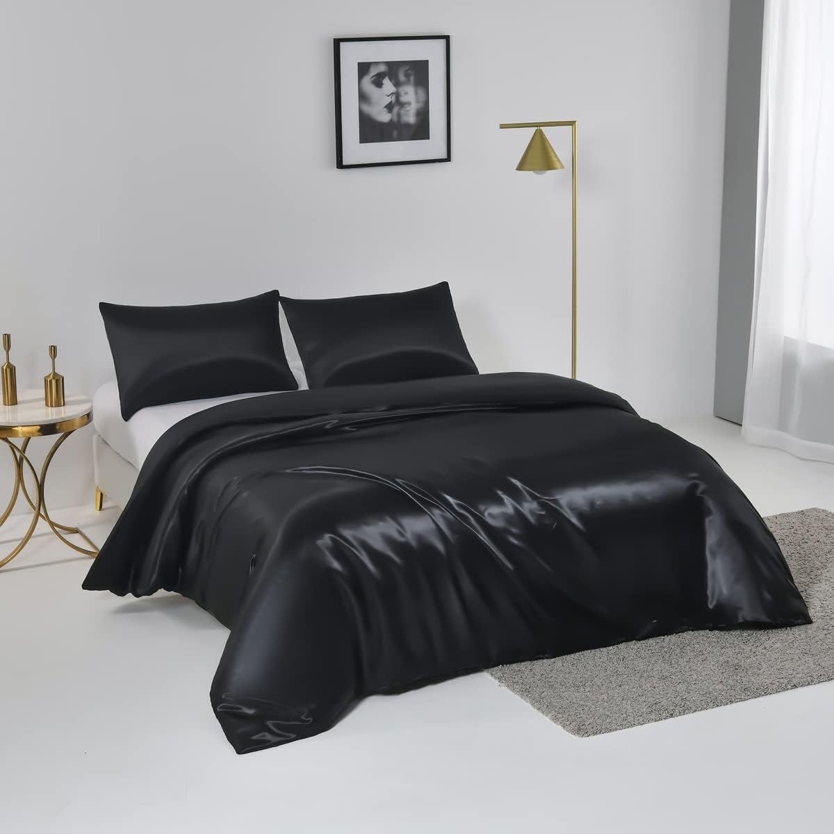 Satin Quilt cover Set Hotel 3 Pieces Quilt cover with Pillowcase, Art Silk Bedding Set-Luxury Soft Silky V1317-SD90-AUQ-3JT-BZ-HEI