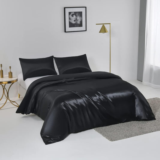 Satin Quilt cover Set Hotel 3 Pieces Quilt cover with Pillowcase, Art Silk Bedding Set-Luxury Soft Silky V1317-SD90-AUQ-3JT-BZ-HEI