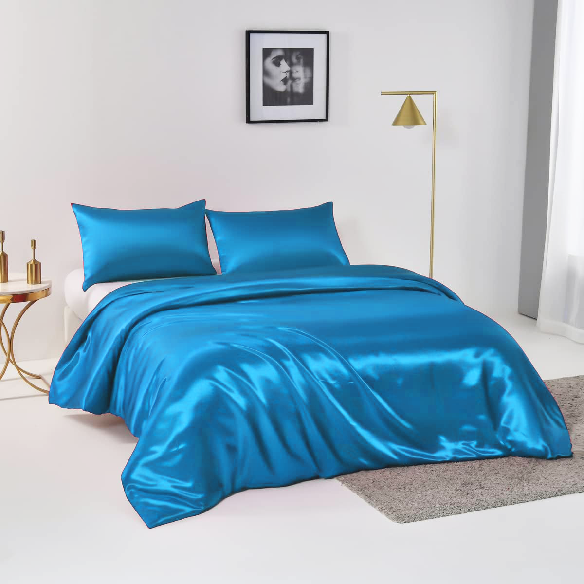 Satin Quilt cover Set Hotel 3 Pieces Quilt cover with Pillowcase, Art Silk Bedding Set-Luxury Soft Silky V1317-SD90-AUQ-3JT-BZ-HL