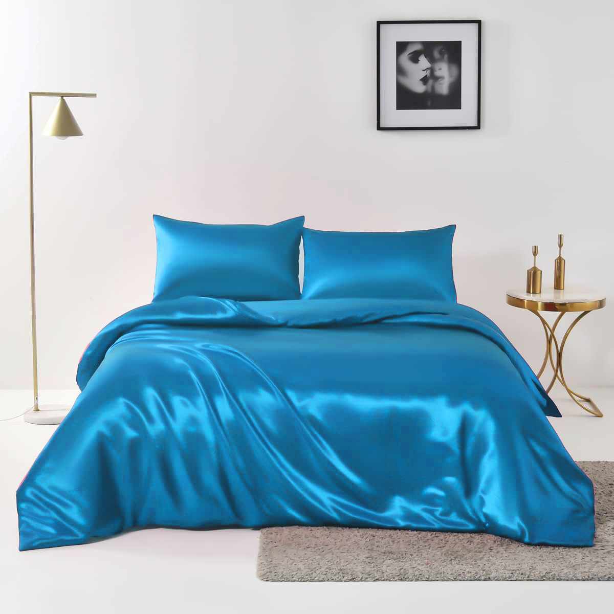 Satin Quilt cover Set Hotel 3 Pieces Quilt cover with Pillowcase, Art Silk Bedding Set-Luxury Soft Silky V1317-SD90-AUQ-3JT-BZ-HL