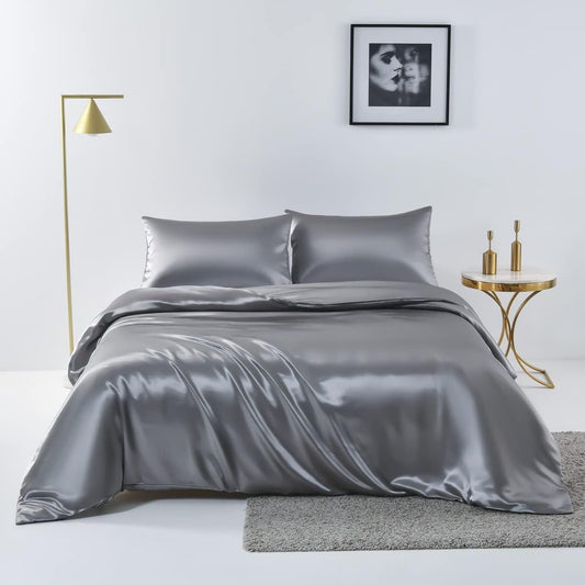 Satin Quilt cover Set Hotel 3 Pieces Quilt cover with Pillowcase, Art Silk Bedding Set-Luxury Soft Silky V1317-SD90-AUQ-3JT-BZ-HUI