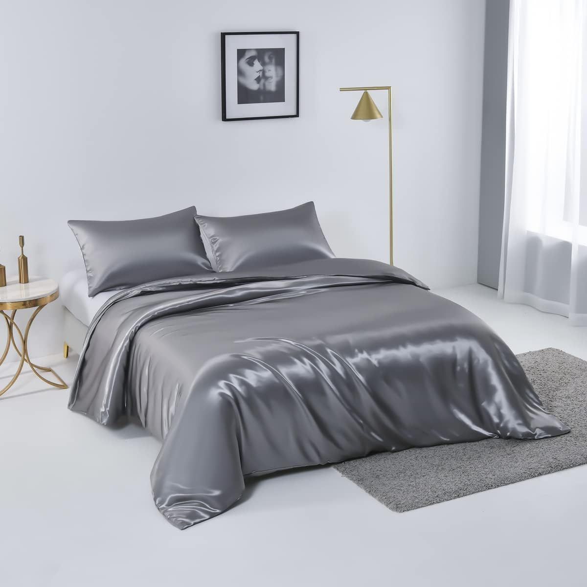 Satin Quilt cover Set Hotel 3 Pieces Quilt cover with Pillowcase, Art Silk Bedding Set-Luxury Soft Silky V1317-SD90-AUQ-3JT-BZ-HUI