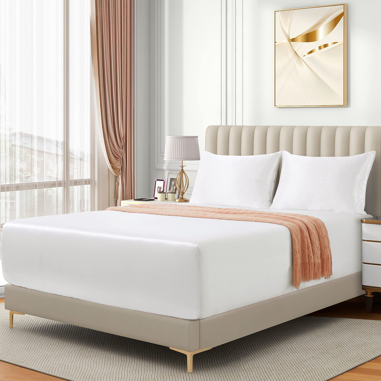 Satin Fitted Sheet Set Hotel 3 Pieces Fitted Sheet with Pillowcase, Art Silk Bedding Set-Luxury Soft Silky V1317-SD90-AUQ-3JT-CL-BAI