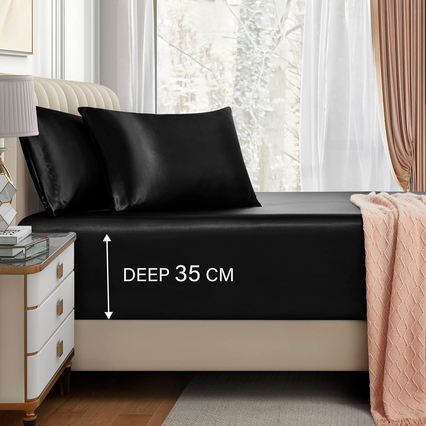 Satin Fitted Sheet Set Hotel 3 Pieces Fitted Sheet with Pillowcase, Art Silk Bedding Set-Luxury Soft Silky V1317-SD90-AUQ-3JT-CL-HEI