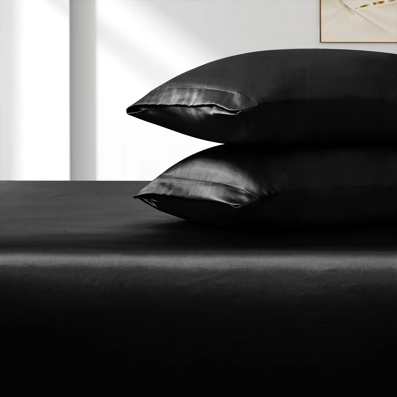 Satin Fitted Sheet Set Hotel 3 Pieces Fitted Sheet with Pillowcase, Art Silk Bedding Set-Luxury Soft Silky V1317-SD90-AUQ-3JT-CL-HEI
