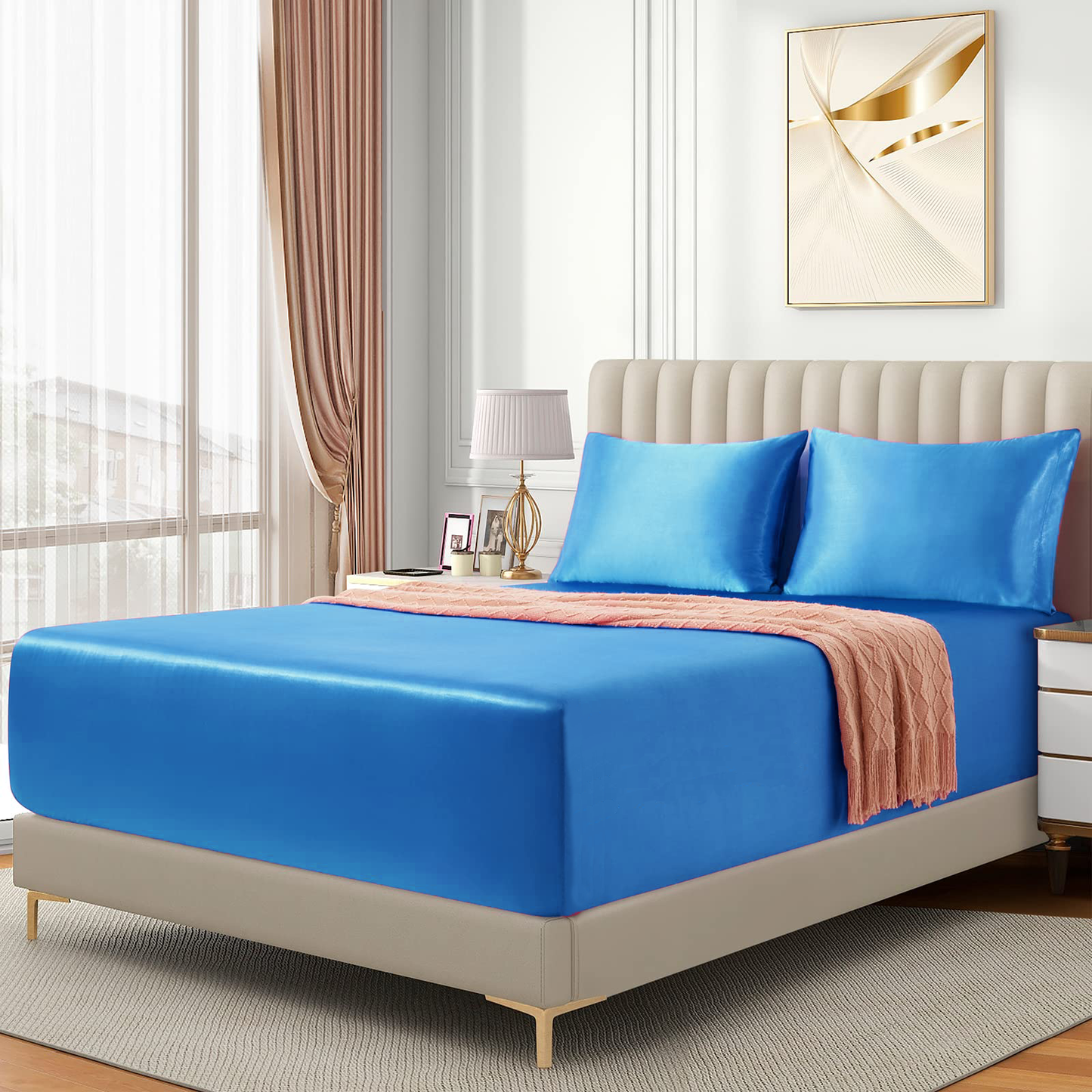 Satin Fitted Sheet Set Hotel 3 Pieces Fitted Sheet with Pillowcase, Art Silk Bedding Set-Luxury Soft Silky V1317-SD90-AUQ-3JT-CL-HL