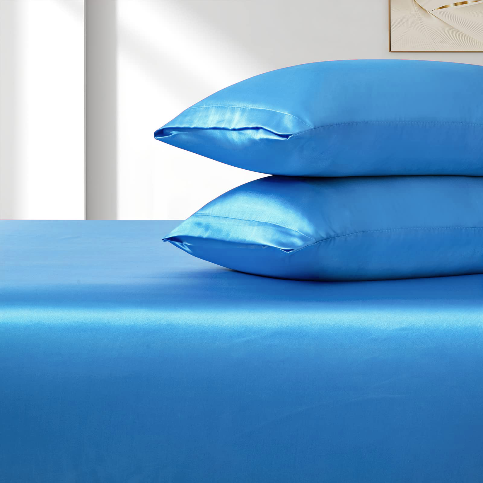Satin Fitted Sheet Set Hotel 3 Pieces Fitted Sheet with Pillowcase, Art Silk Bedding Set-Luxury Soft Silky V1317-SD90-AUQ-3JT-CL-HL