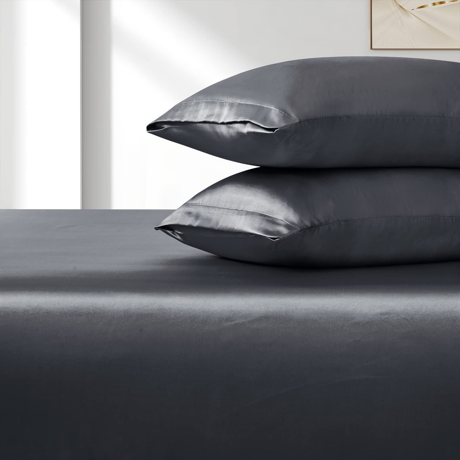 Satin Fitted Sheet Set Hotel 3 Pieces Fitted Sheet with Pillowcase, Art Silk Bedding Set-Luxury Soft Silky V1317-SD90-AUQ-3JT-CL-HUI