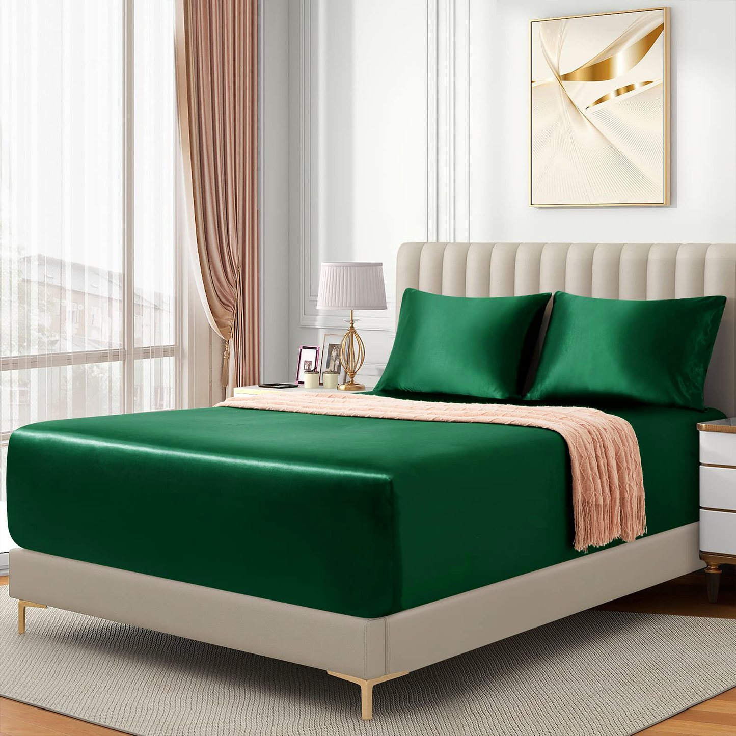Satin Fitted Sheet Set Hotel 3 Pieces Fitted Sheet with Pillowcase, Art Silk Bedding Set-Luxury Soft Silky V1317-SD90-AUQ-3JT-CL-LV