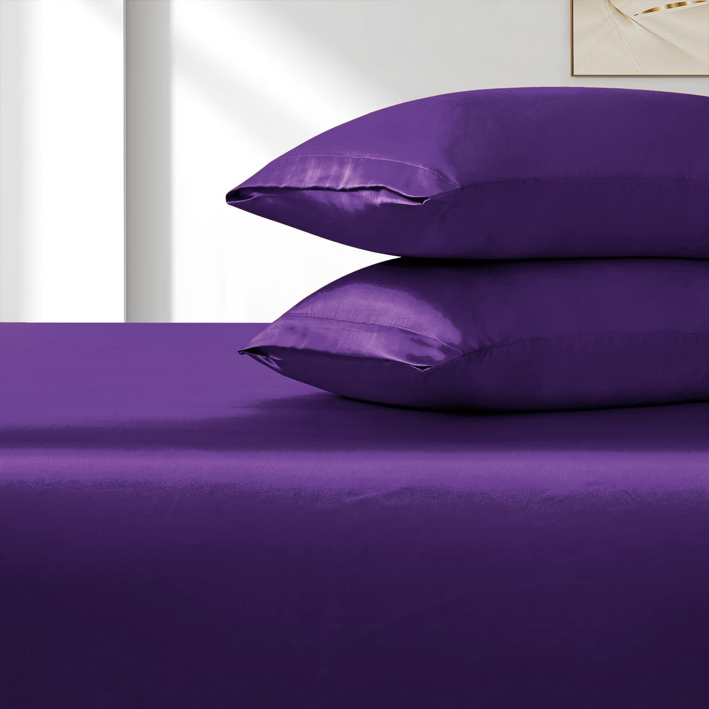 Satin Fitted Sheet Set Hotel 3 Pieces Fitted Sheet with Pillowcase, Art Silk Bedding Set-Luxury Soft Silky V1317-SD90-AUQ-3JT-CL-ZI