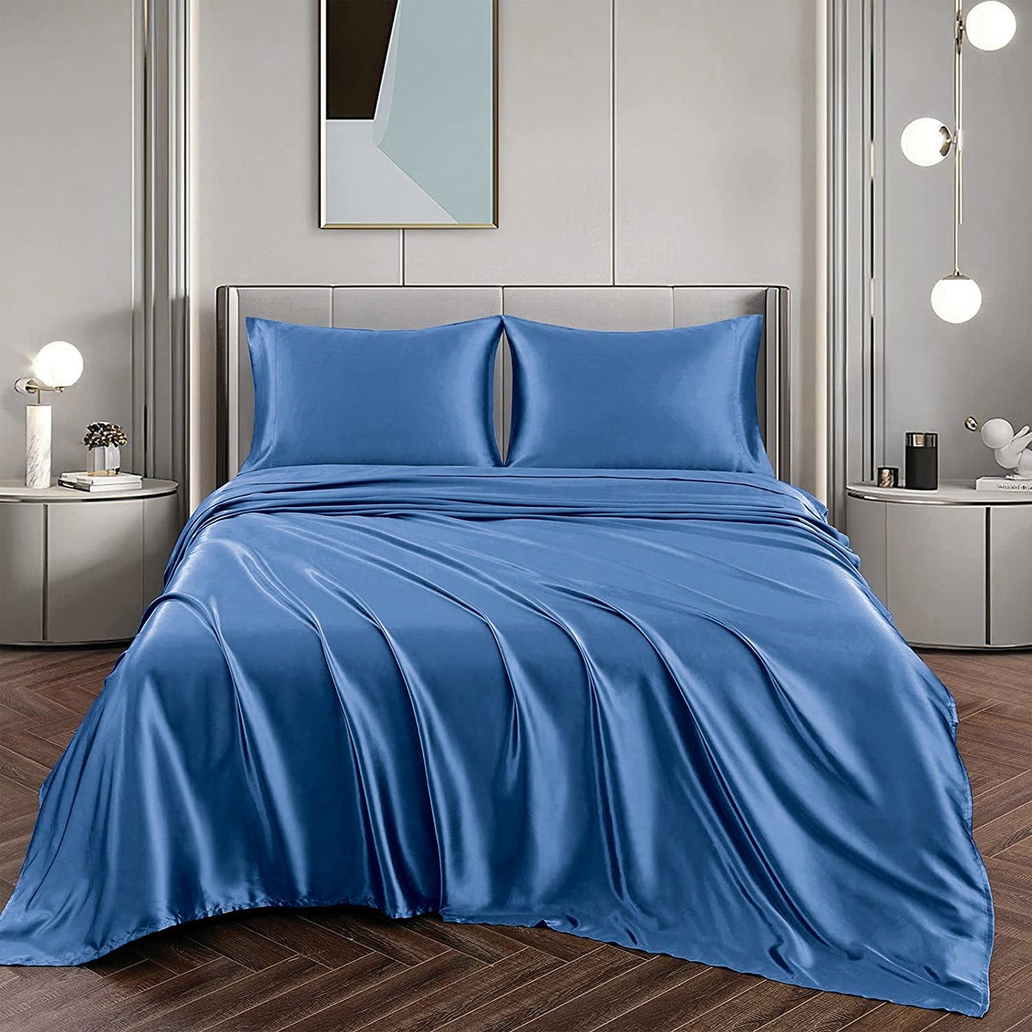 Art Silk Satin Sheet Set Hotel 4 Pieces Fitted/Flat Sheet Bedding Set-Luxury Soft Silky Sheets for Hair and V1317-SD90-AUQ-4JT-HL