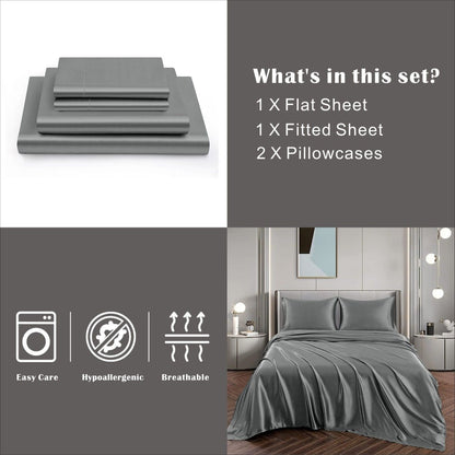 Art Silk Satin Sheet Set Hotel 4 Pieces Fitted/Flat Sheet Bedding Set-Luxury Soft Silky Sheets for Hair and V1317-SD90-AUQ-4JT-HUI