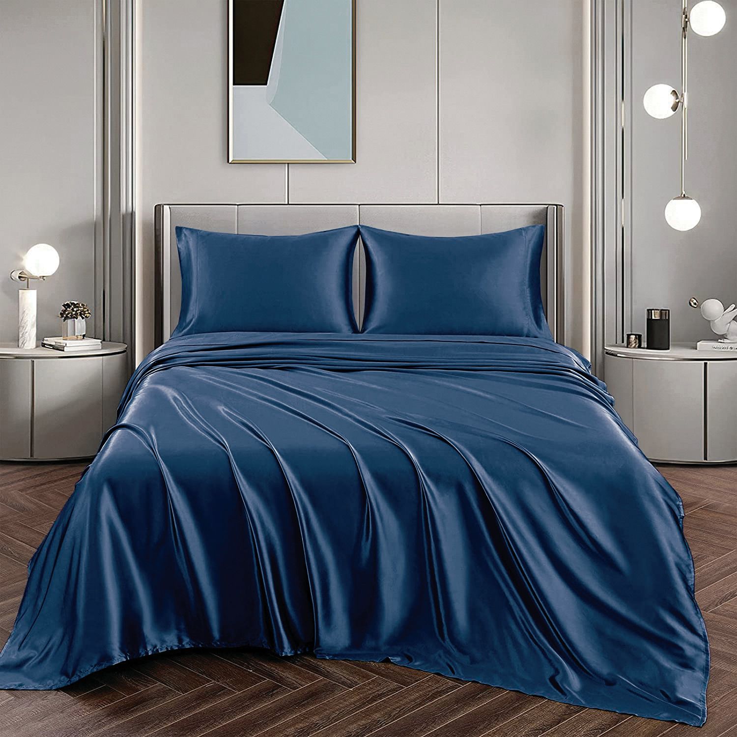 Art Silk Satin Sheet Set Hotel 4 Pieces Fitted/Flat Sheet Bedding Set-Luxury Soft Silky Sheets for Hair and V1317-SD90-AUQ-4JT-NV