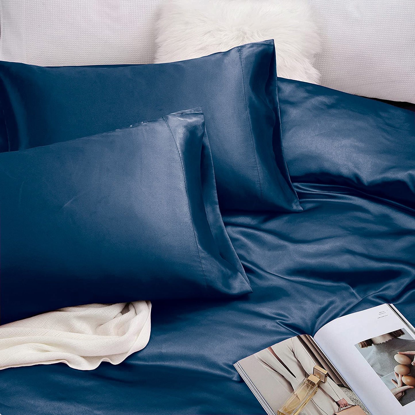Art Silk Satin Sheet Set Hotel 4 Pieces Fitted/Flat Sheet Bedding Set-Luxury Soft Silky Sheets for Hair and V1317-SD90-AUQ-4JT-NV