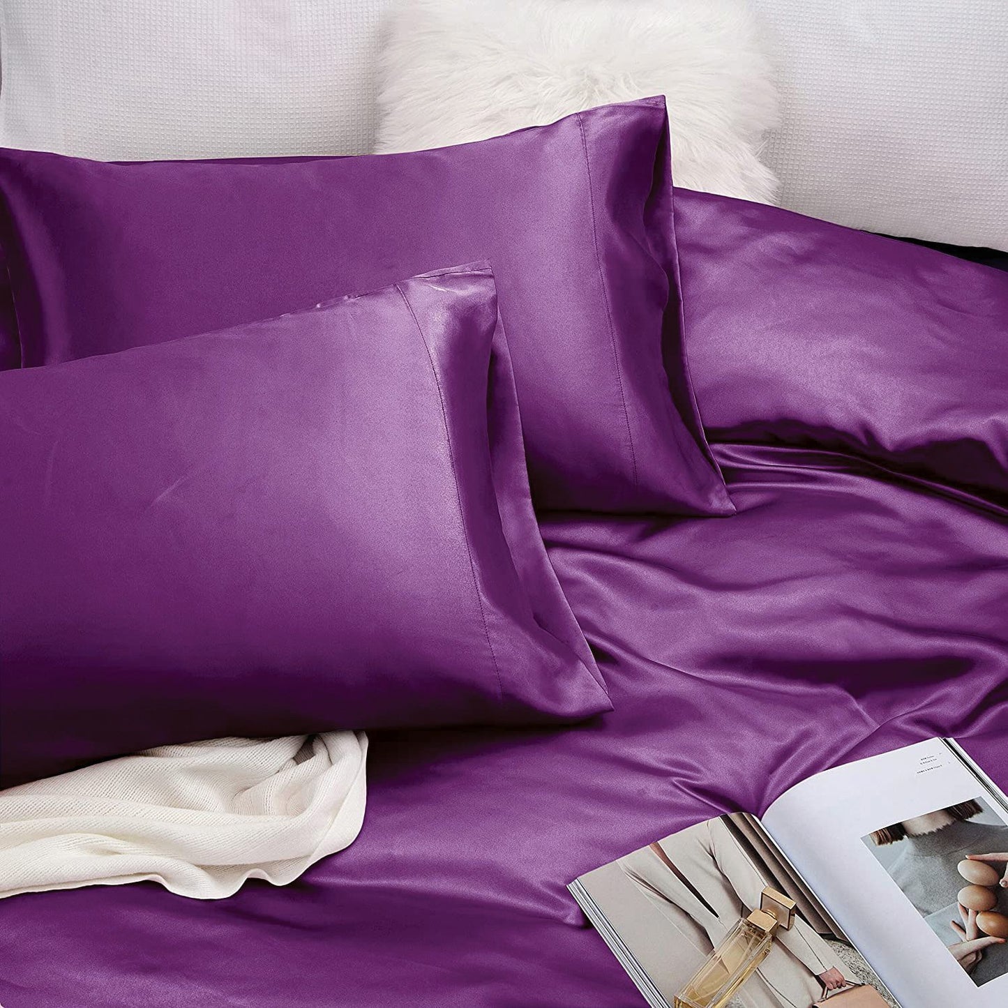 Art Silk Satin Sheet Set Hotel 4 Pieces Fitted/Flat Sheet Bedding Set-Luxury Soft Silky Sheets for Hair and V1317-SD90-AUQ-4JT-ZI