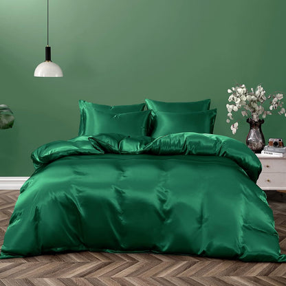 Satin Quilt cover Set Hotel 3 Pieces Quilt cover with Pillowcase, Art Silk Bedding Set-Luxury Soft Silky pillowcase for Hair and Skin, Similar to Silk Duvet/Donna Cover Set- 3 Pieces(Super King,Green)