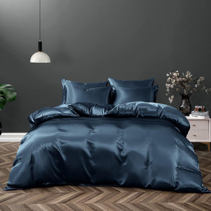 Satin Quilt cover Set Hotel 3 Pieces Quilt cover with Pillowcase, Art Silk Bedding Set-Luxury Soft Silky pillowcase for Hair and Skin, Similar to Silk Duvet/Donna Cover Set- 3 Pieces(Super King,Navy)