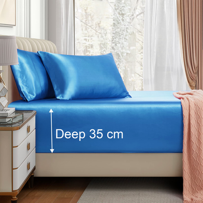 Satin Fitted Sheet Set Hotel 3 Pieces Fitted Sheet with Pillowcase, Art Silk Bedding Set-Luxury Soft Silky Sheets for Hair and Skin, Similar to Silk Fitted Sheets Set 3 Pieces(Super King,Ocean)