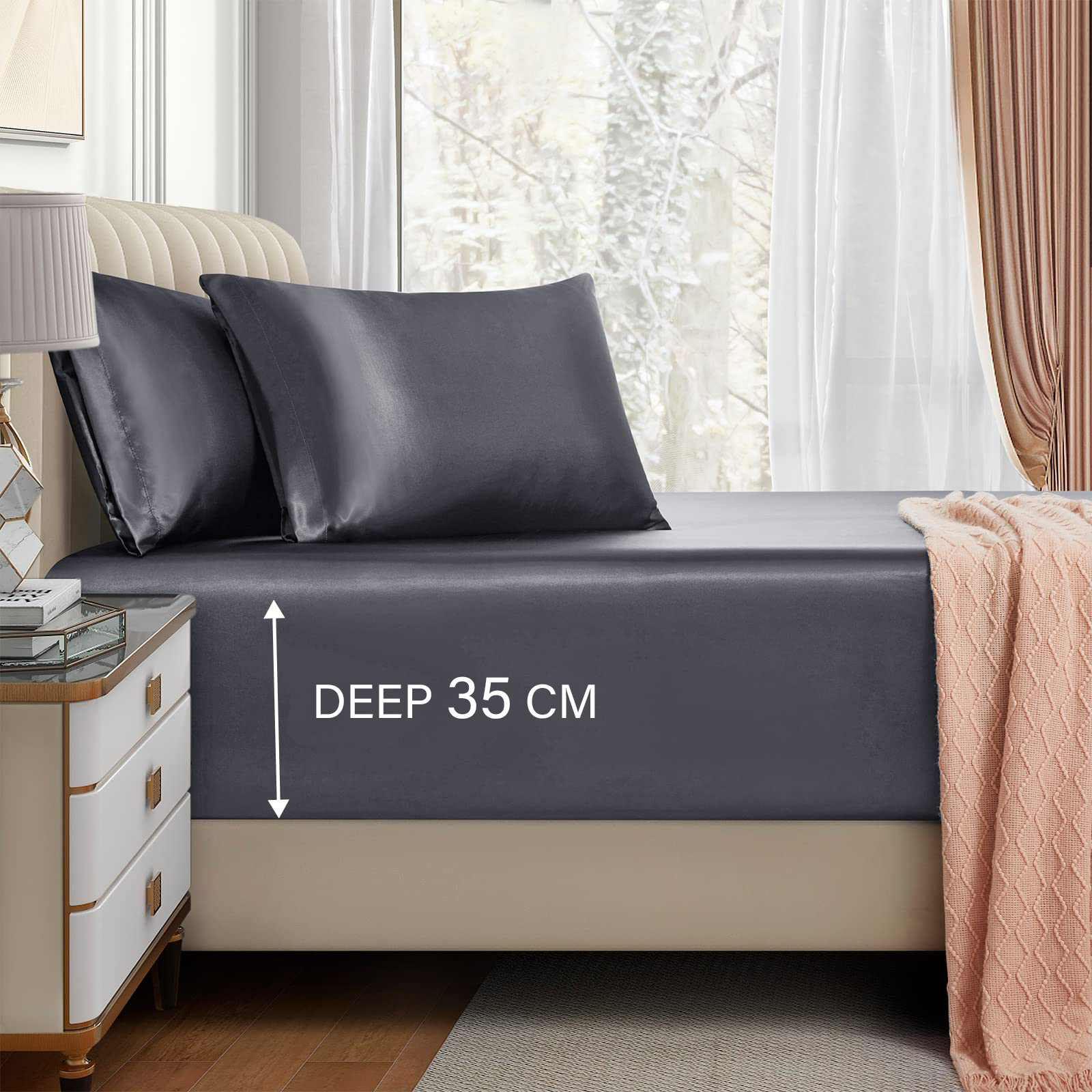 Satin Fitted Sheet Set Hotel 3 Pieces Fitted Sheet with Pillowcase, Art Silk Bedding Set-Luxury Soft Silky V1317-SD90-AUSK-3JT-CL-HUI