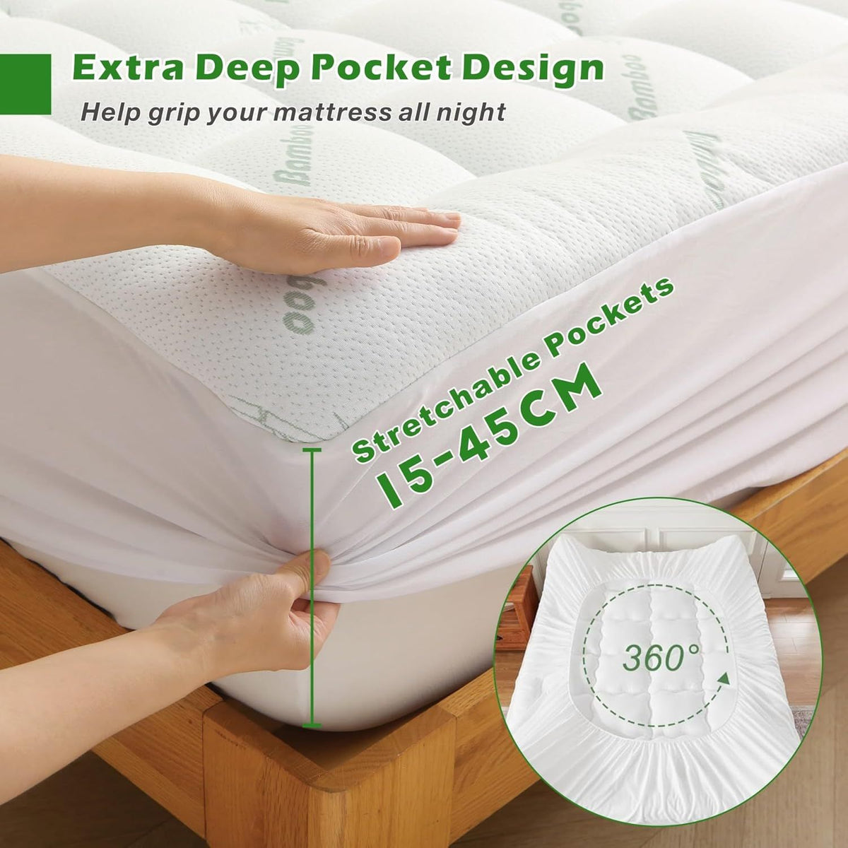 800GSM Mattress Topper Viscose Derived from Bamboo, Thick Pillowtop Fitted Mattress Cover with 45cm Deep Skirt - Machine Washable Hypoallergenic(King,Green)