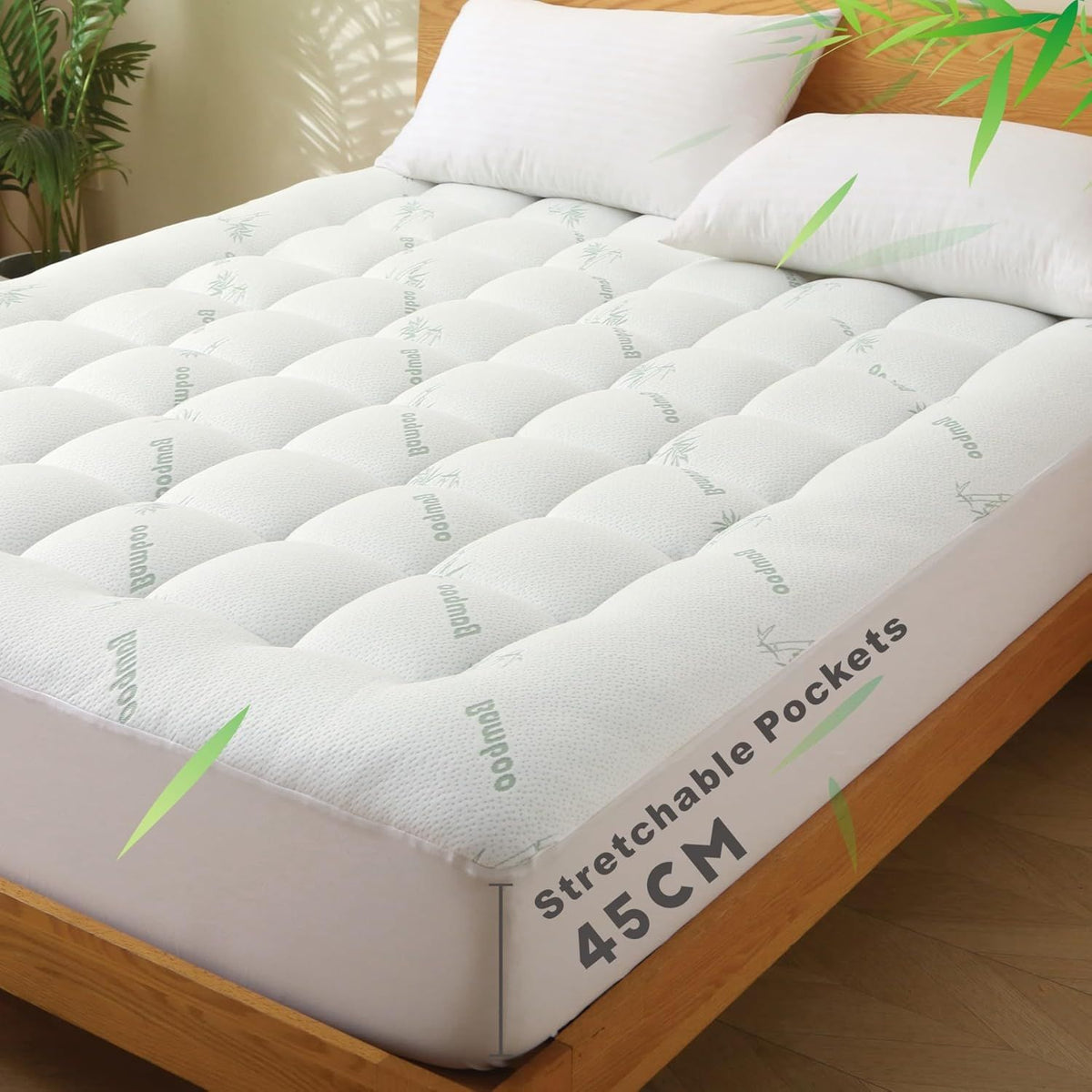 800GSM Mattress Topper Viscose Derived from Bamboo, Thick Pillowtop Fitted Mattress Cover with 45cm Deep Skirt - Machine Washable Hypoallergenic（King Single,Green）
