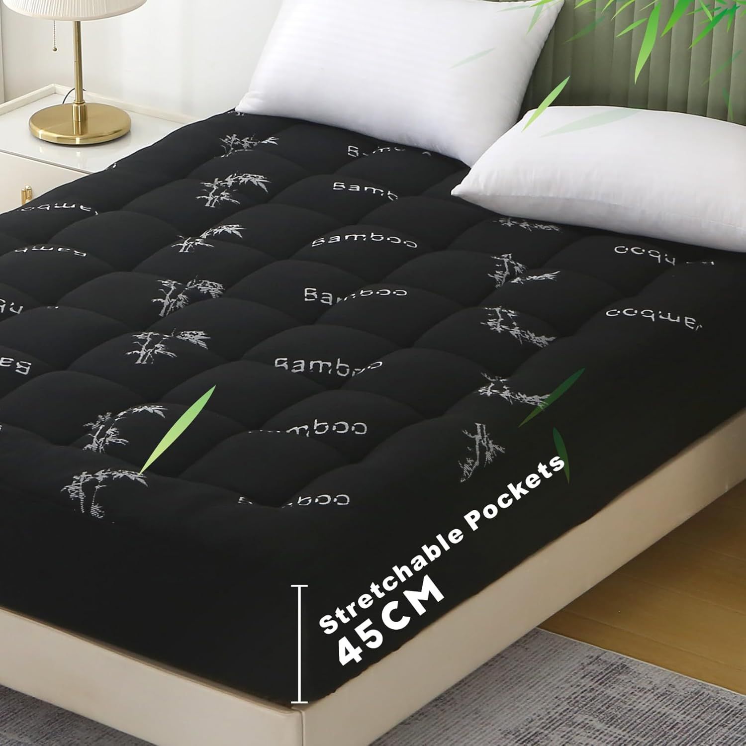 800GSM Mattress Topper Viscose Derived from Bamboo, Thick Pillowtop Fitted Mattress Cover with 45cm Deep Skirt - Machine Washable Hypoallergenic(Queen,,Black)