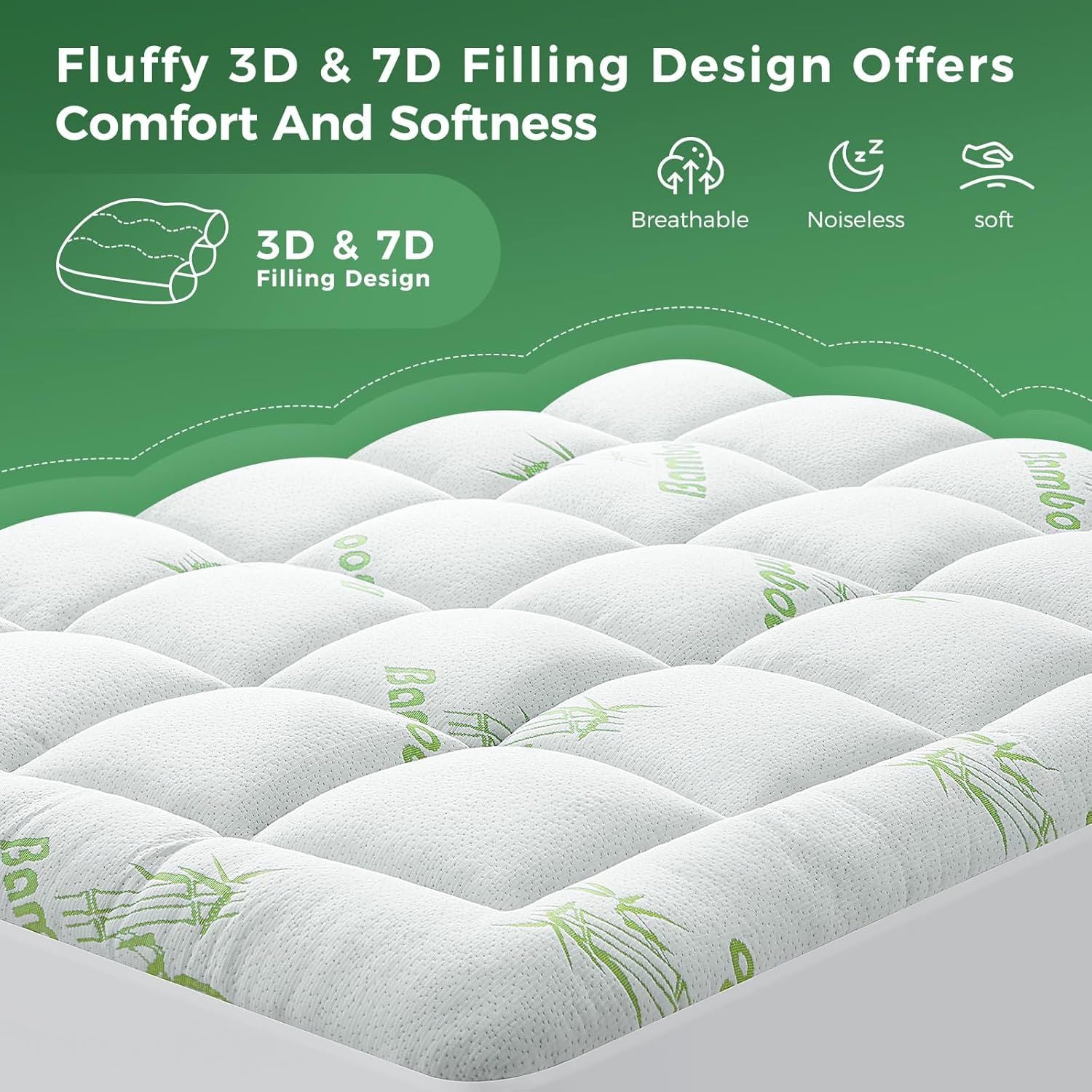800GSM Mattress Topper Viscose Derived from Bamboo, Thick Pillowtop Fitted Mattress Cover with 45cm Deep Skirt - Machine Washable Hypoallergenic(Queen,,Green)