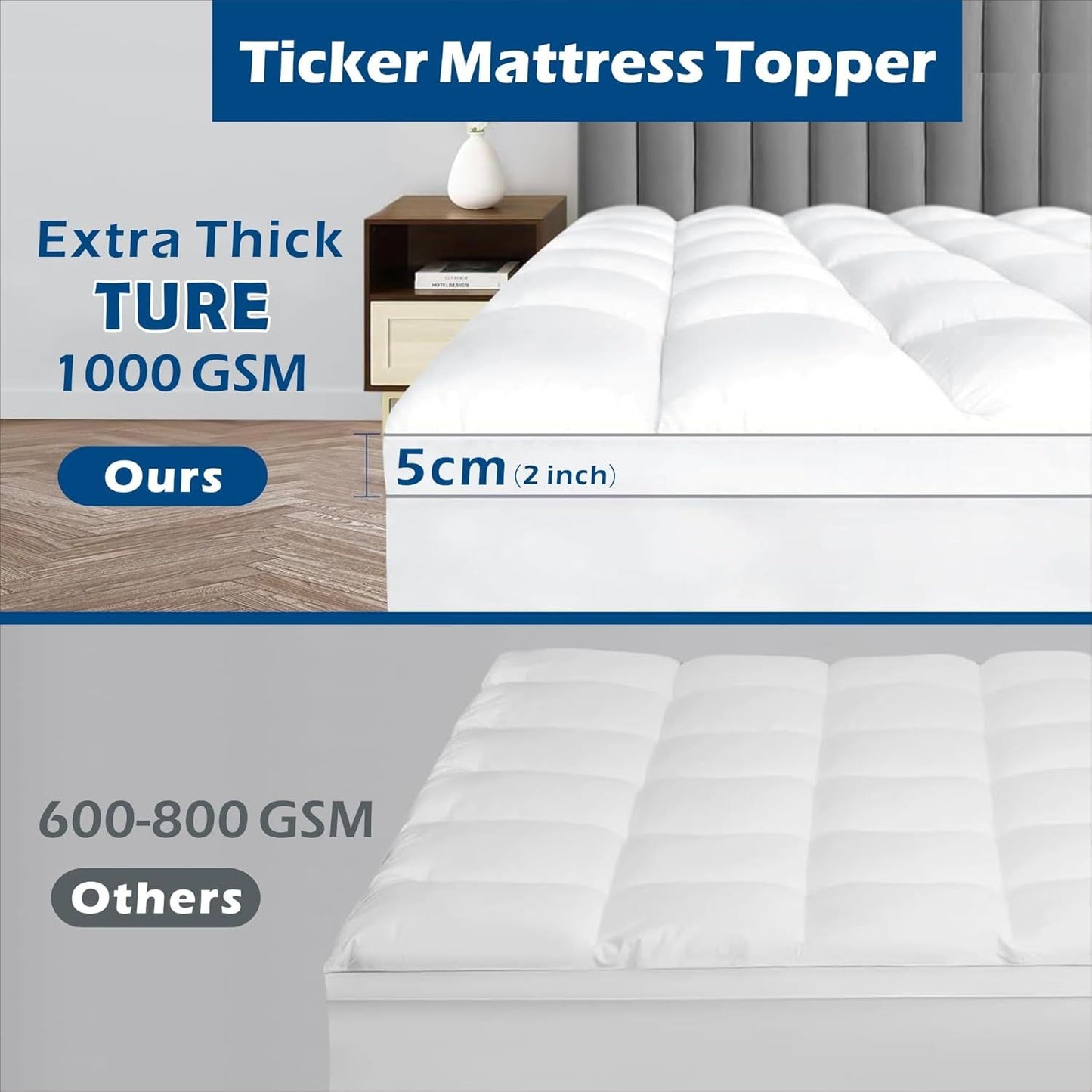 1000GSM Mattress Topper Viscose Derived from Bamboo, Thick Pillowtop Fitted Mattress Cover with 45cm Deep V1317-TOP-AUS-CL-BAI