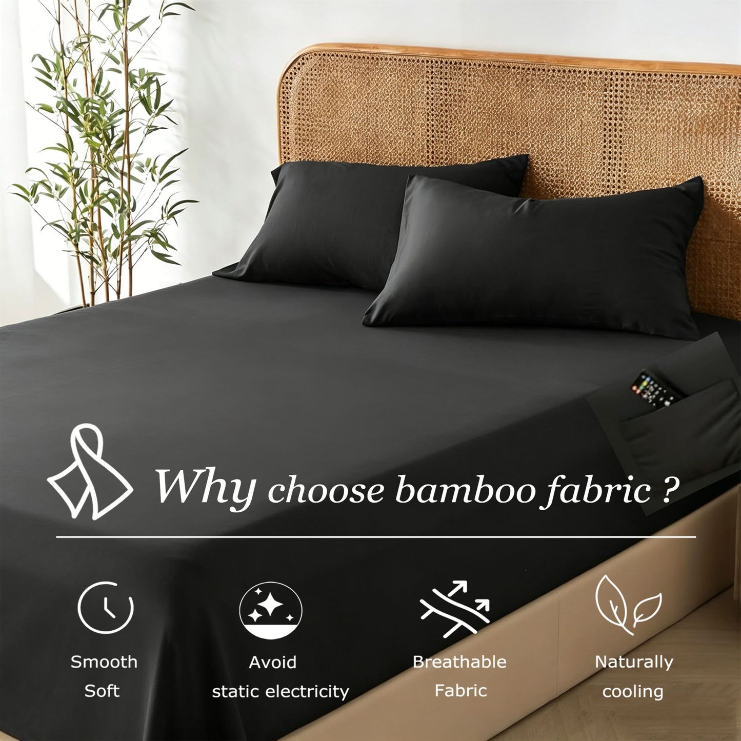 3 Piece Hotel Bamboo Cooling Fitted Sheet Set & Pillowcase -Ultra Soft 2000TC Breathable Fitted Bed Sheets V1317-ZXW9-AUD-3JT-CL-HEI