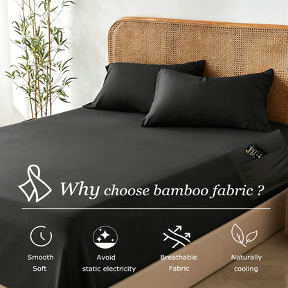 3 Piece Hotel Bamboo Cooling Fitted Sheet Set & Pillowcase -Ultra Soft 2000TC Breathable Fitted Bed Sheets Set with 37 Centimetre Deep Pocket-Cooling Sheets for Hot Sleepers(Black,Double)