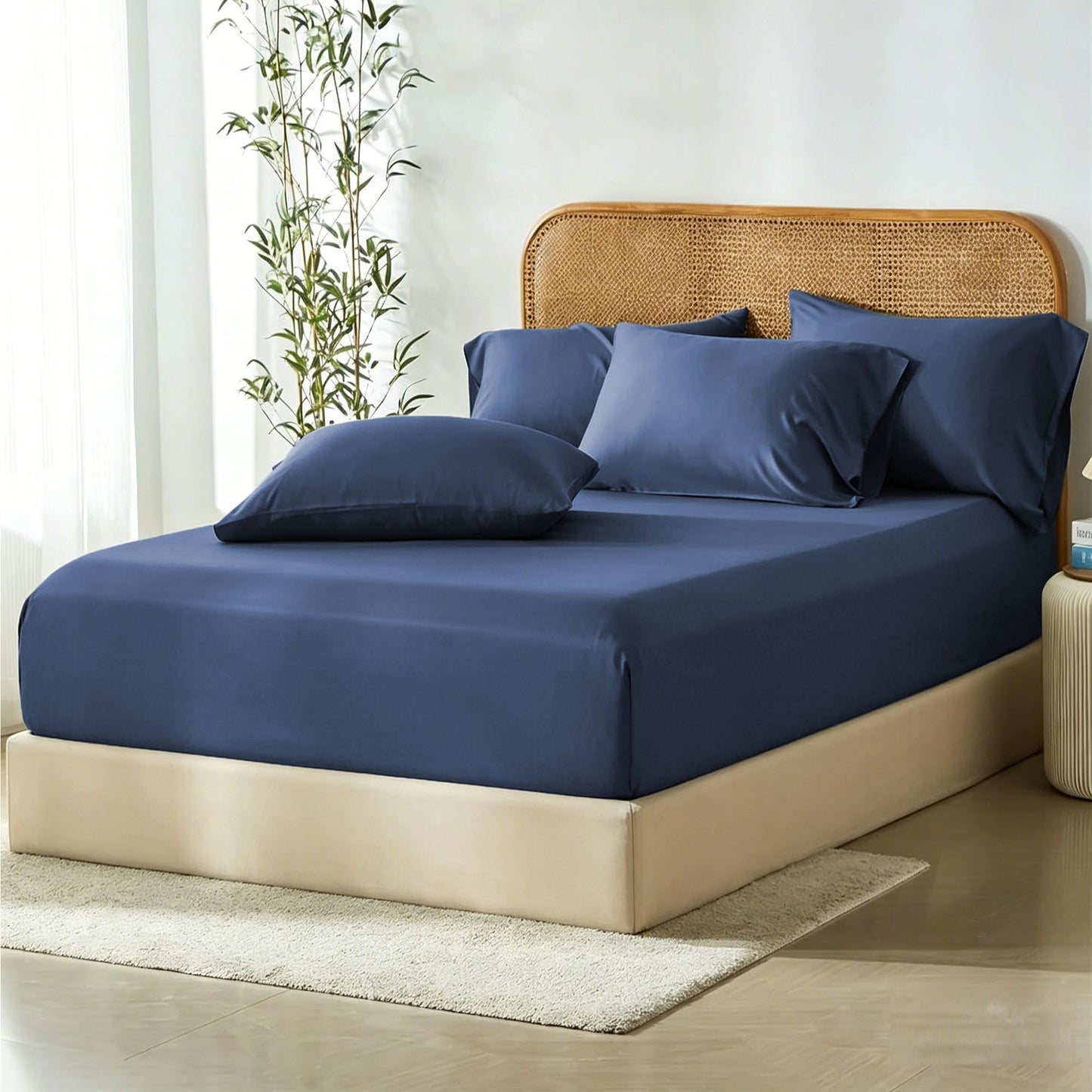 3 Piece Hotel Bamboo Cooling Fitted Sheet Set & Pillowcase -Ultra Soft 2000TC Breathable Fitted Bed Sheets V1317-ZXW9-AUD-3JT-CL-NV