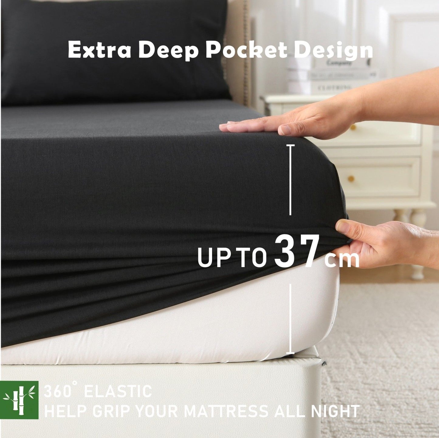 3 Piece Hotel Bamboo Cooling Fitted Sheet Set & Pillowcase -Ultra Soft 2000TC Breathable Fitted Bed Sheets V1317-ZXW9-AUK-3JT-CL-HEI