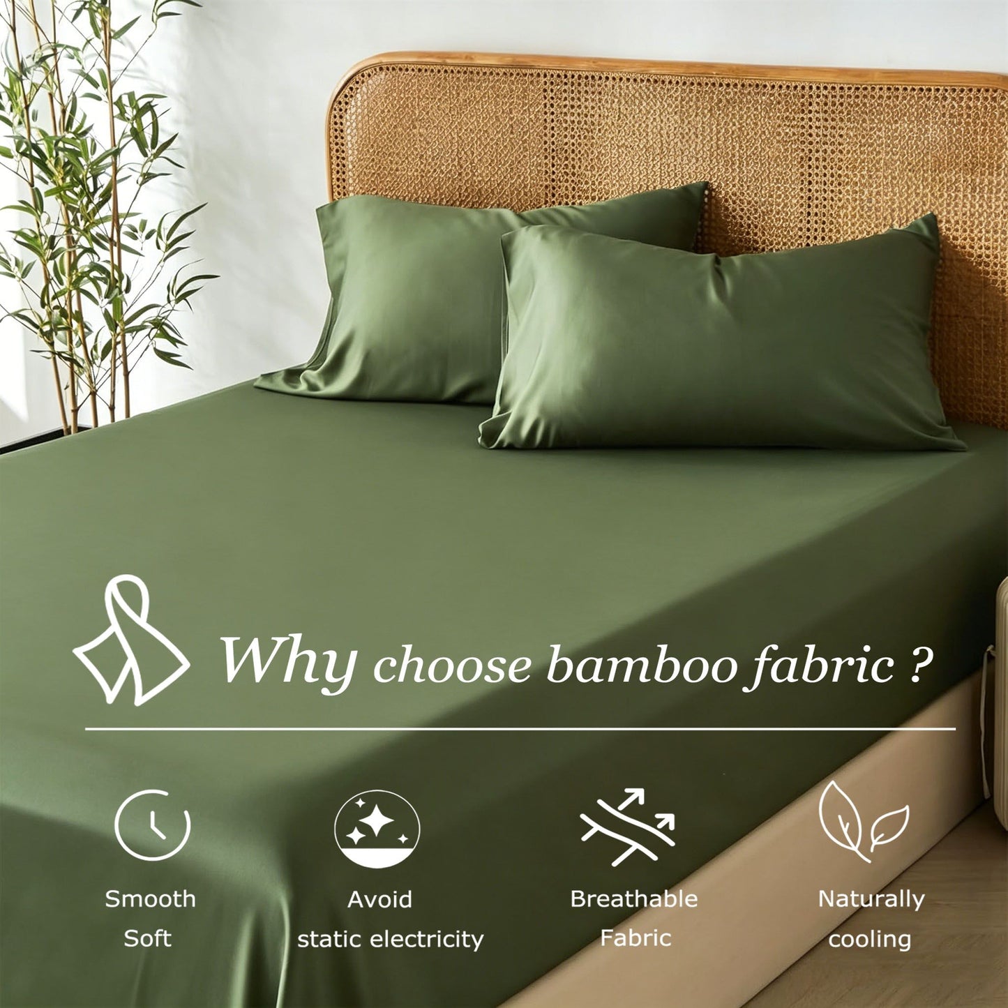 3 Piece Hotel Bamboo Cooling Fitted Sheet Set & Pillowcase -Ultra Soft 2000TC Breathable Fitted Bed Sheets Set with 37 Centimetre Deep Pocket-Cooling Sheets for Hot Sleepers(Olive green,King)