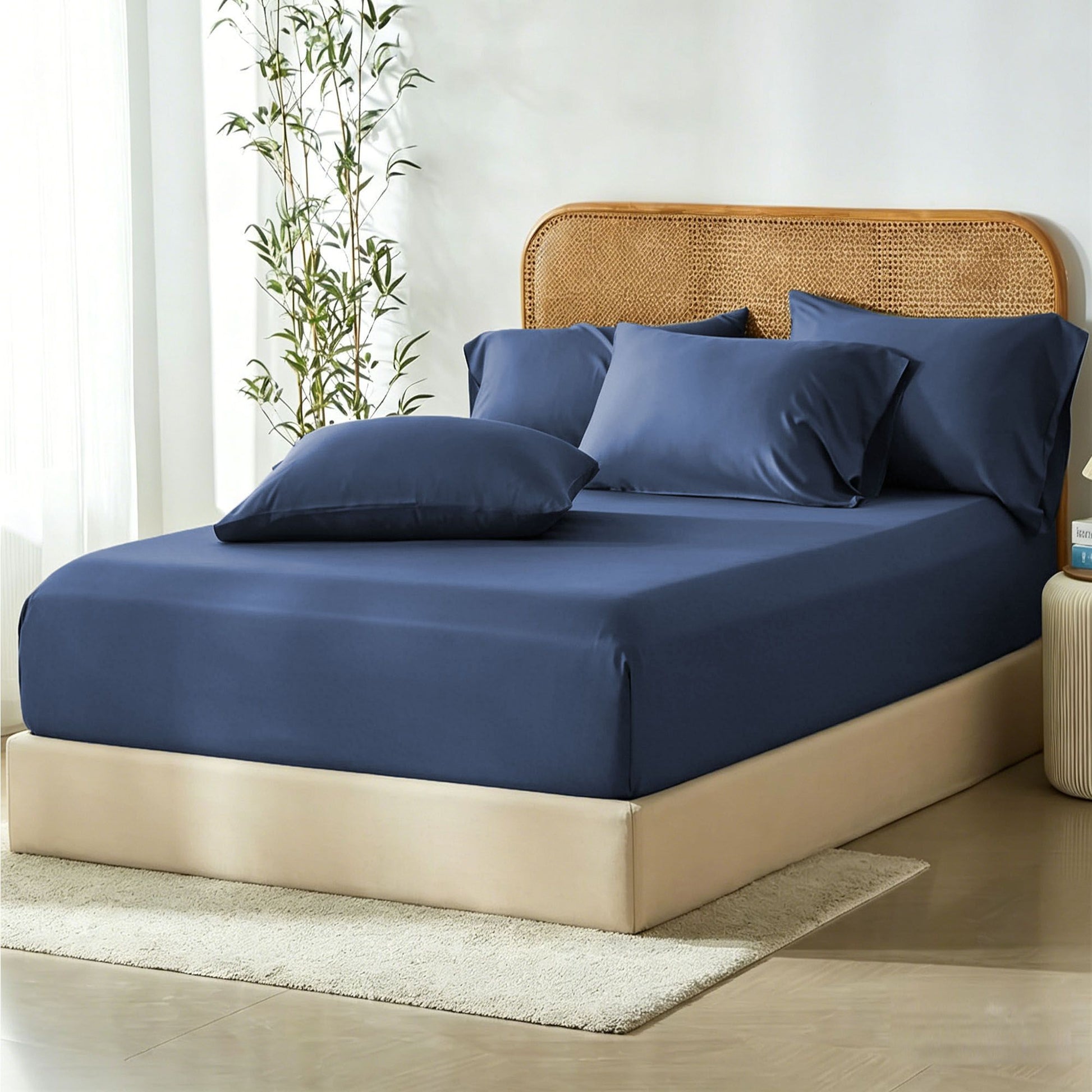3 Piece Hotel Bamboo Cooling Fitted Sheet Set & Pillowcase -Ultra Soft 2000TC Breathable Fitted Bed Sheets V1317-ZXW9-AUK-3JT-CL-NV