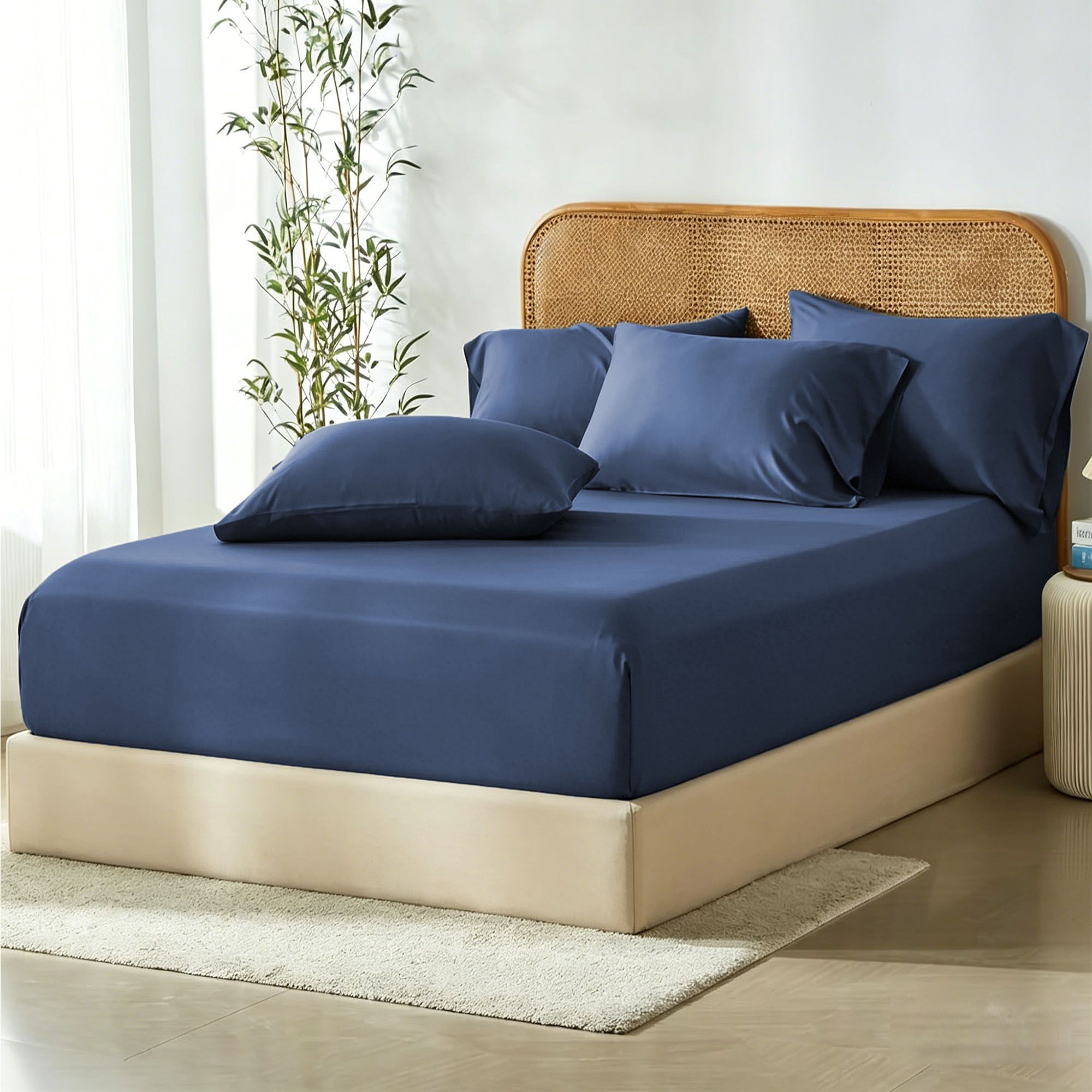 2 Piece Hotel Bamboo Cooling Fitted Sheet Set & Pillowcase -Ultra Soft 2000TC Breathable Fitted Bed Sheets V1317-ZXW9-AUKS-3JT-CL-NV