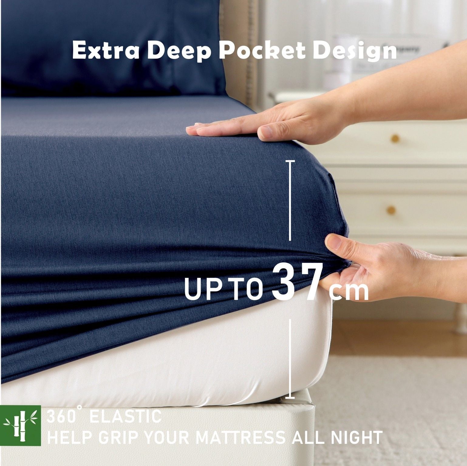 2 Piece Hotel Bamboo Cooling Fitted Sheet Set & Pillowcase -Ultra Soft 2000TC Breathable Fitted Bed Sheets V1317-ZXW9-AUKS-3JT-CL-NV
