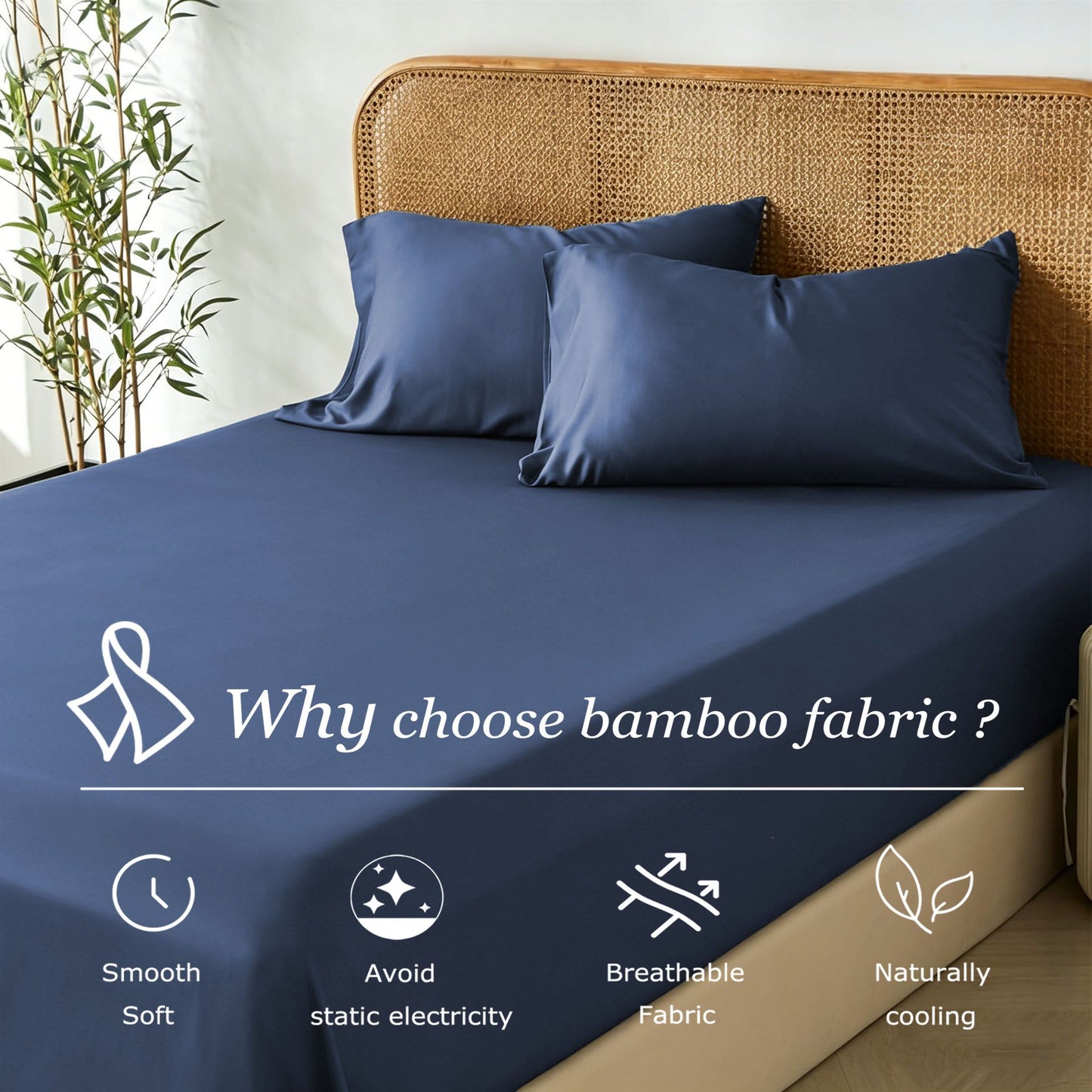 2 Piece Hotel Bamboo Cooling Fitted Sheet Set & Pillowcase -Ultra Soft 2000TC Breathable Fitted Bed Sheets V1317-ZXW9-AUKS-3JT-CL-NV