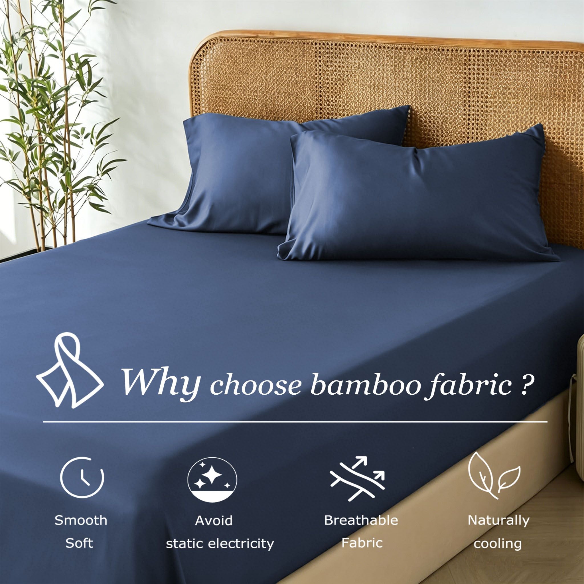 2 Piece Hotel Bamboo Cooling Fitted Sheet Set & Pillowcase -Ultra Soft 2000TC Breathable Fitted Bed Sheets V1317-ZXW9-AUKS-3JT-CL-NV