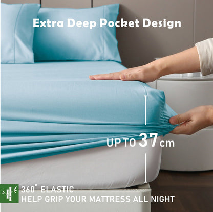 2 Piece Hotel Bamboo Cooling Fitted Sheet Set & Pillowcase -Ultra Soft 2000TC Breathable Fitted Bed Sheets Set with 37 Centimetre Deep Pocket-Cooling Sheets for Hot Sleepers(Sky Blue,King Single)