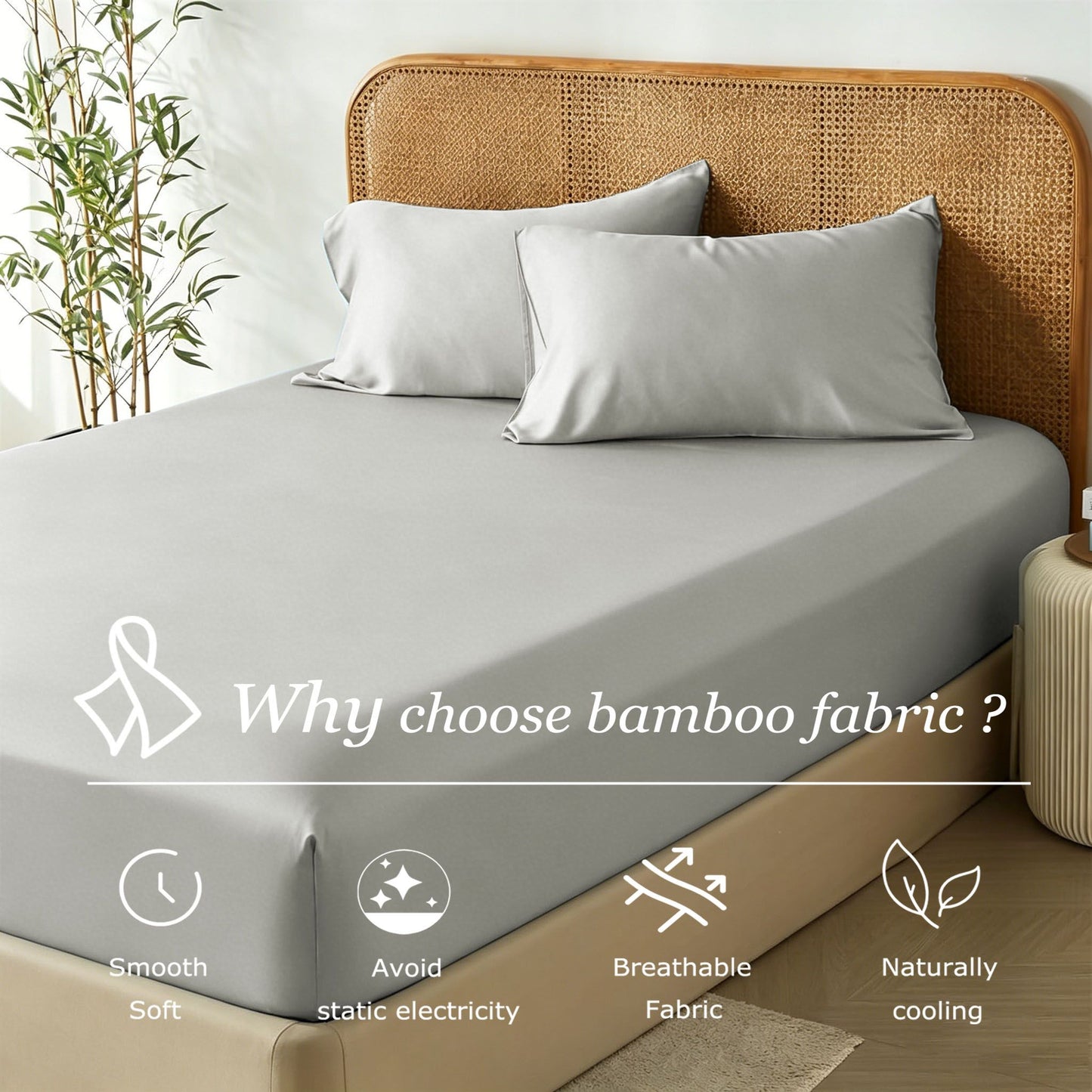 2 Piece Hotel Bamboo Cooling Fitted Sheet Set & Pillowcase -Ultra Soft 2000TC Breathable Fitted Bed Sheets Set with 37 Centimetre Deep Pocket-Cooling Sheets for Hot Sleepers(Silver-gray,King Single)