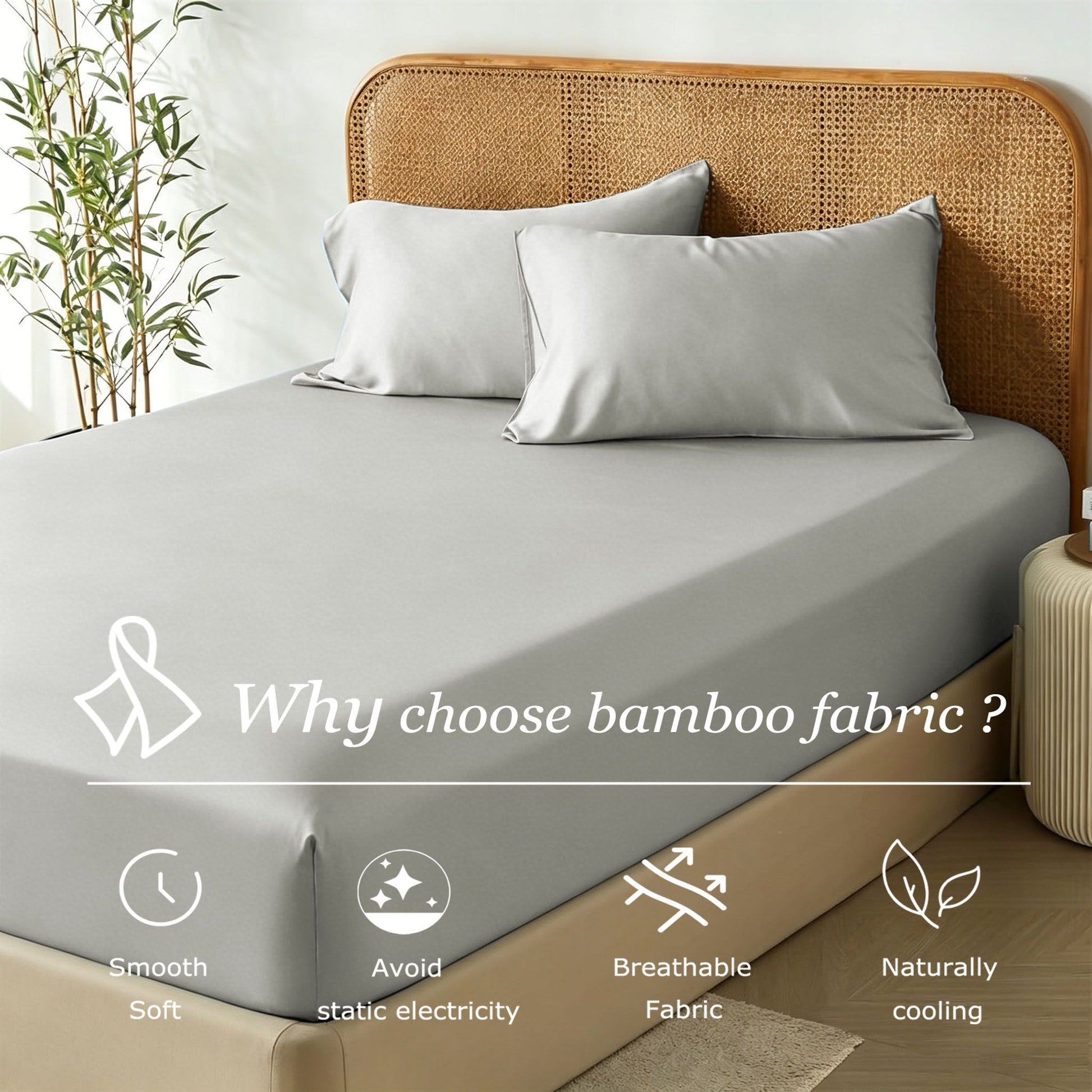 3 Piece Hotel Bamboo Cooling Fitted Sheet Set & Pillowcase -Ultra Soft 2000TC Breathable Fitted Bed Sheets V1317-ZXW9-AUQ-3JT-CL-YH