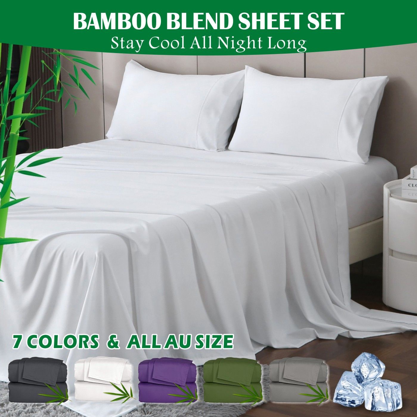3 Piece Hotel Bamboo Cooling Sheet Set -Ultra Soft 2000TC Breathable Bed Sheets Set with 37 Centimetre Deep V1317-ZXW9-AUS-4JT-BAI