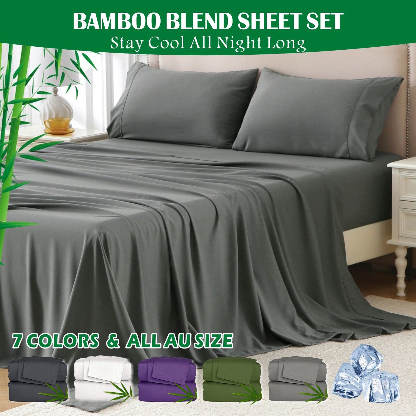 3 Piece Hotel Bamboo Cooling Sheet Set -Ultra Soft 2000TC Breathable Bed Sheets Set with 37 Centimetre Deep V1317-ZXW9-AUS-4JT-HUI