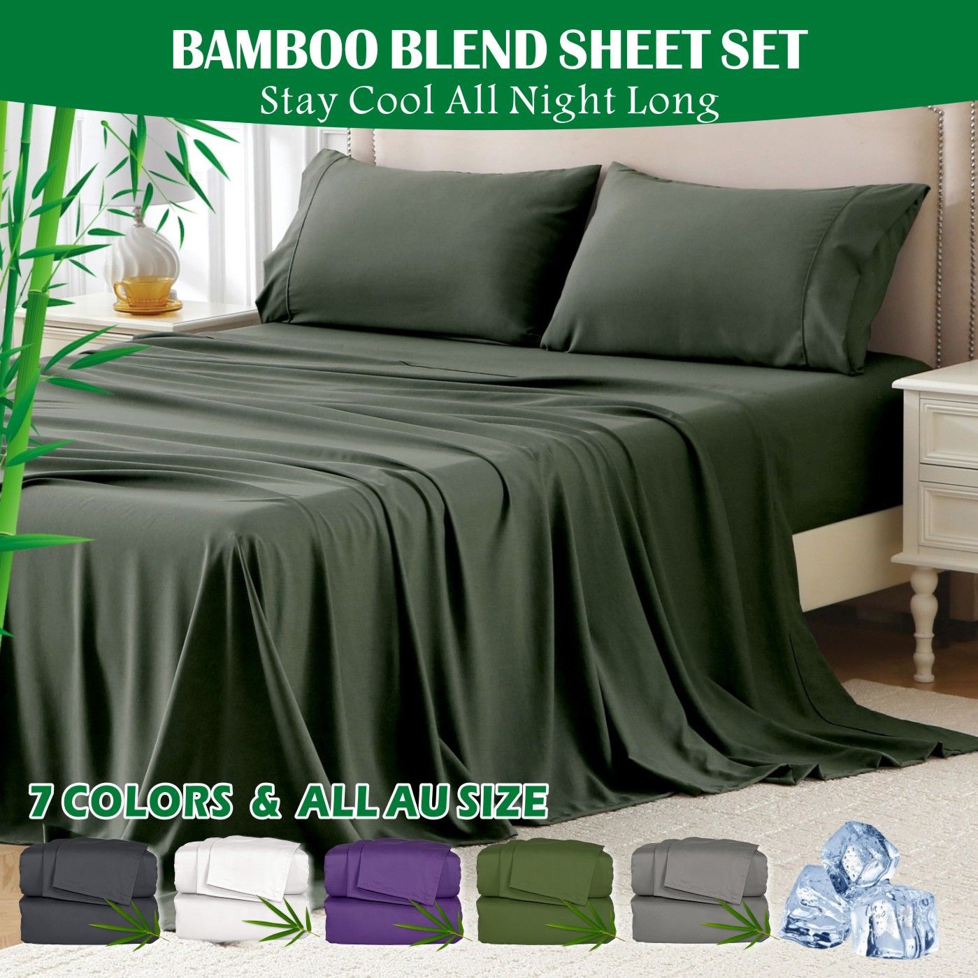 3 Piece Hotel Bamboo Cooling Sheet Set -Ultra Soft 2000TC Breathable Bed Sheets Set with 37 Centimetre Deep Pocket-Cooling Sheets for Hot Sleepers(Olive green,Single)