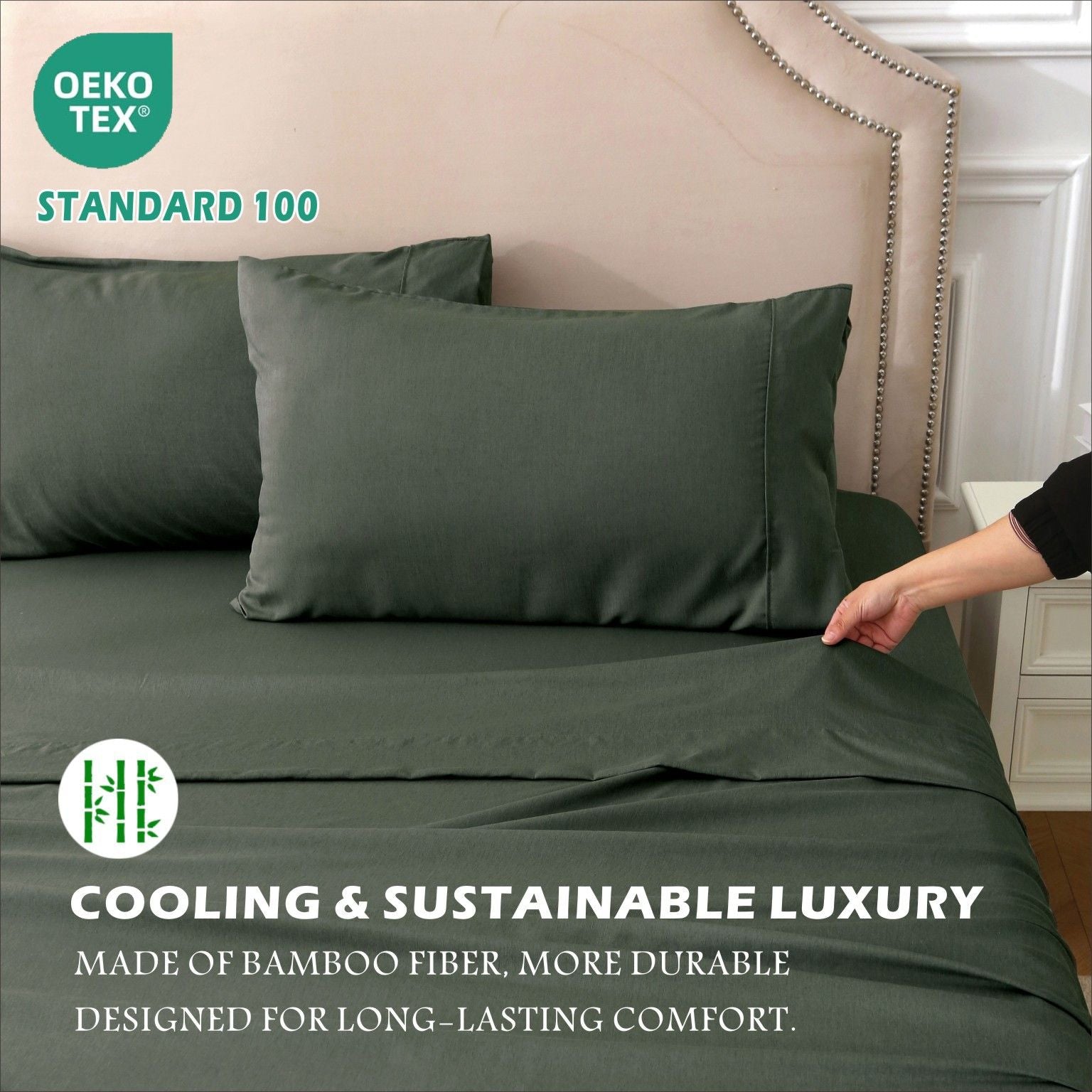 3 Piece Hotel Bamboo Cooling Sheet Set -Ultra Soft 2000TC Breathable Bed Sheets Set with 37 Centimetre Deep Pocket-Cooling Sheets for Hot Sleepers(Olive green,Single)