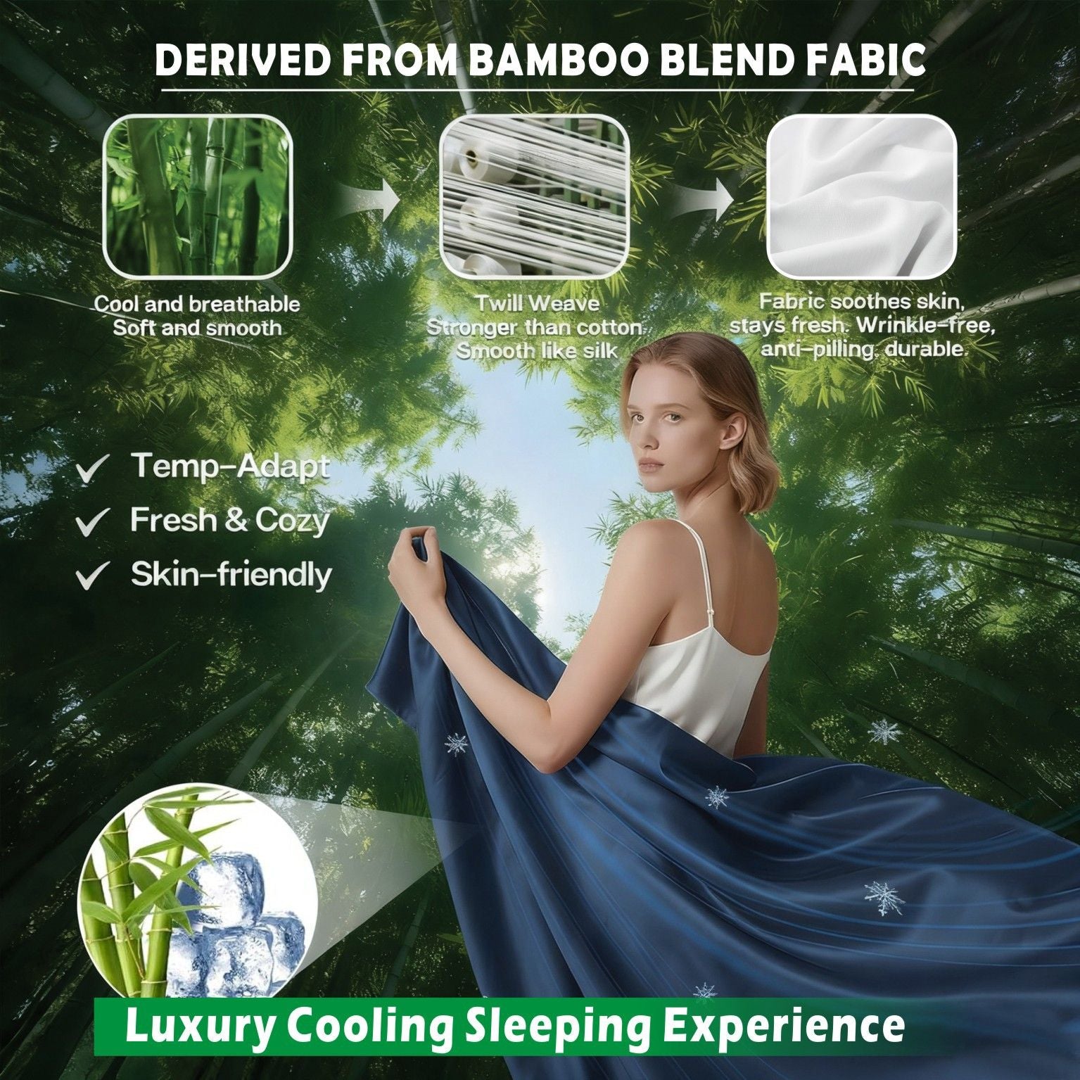 3 Piece Hotel Bamboo Cooling Sheet Set -Ultra Soft 2000TC Breathable Bed Sheets Set with 37 Centimetre Deep Pocket-Cooling Sheets for Hot Sleepers(Navy,Single)