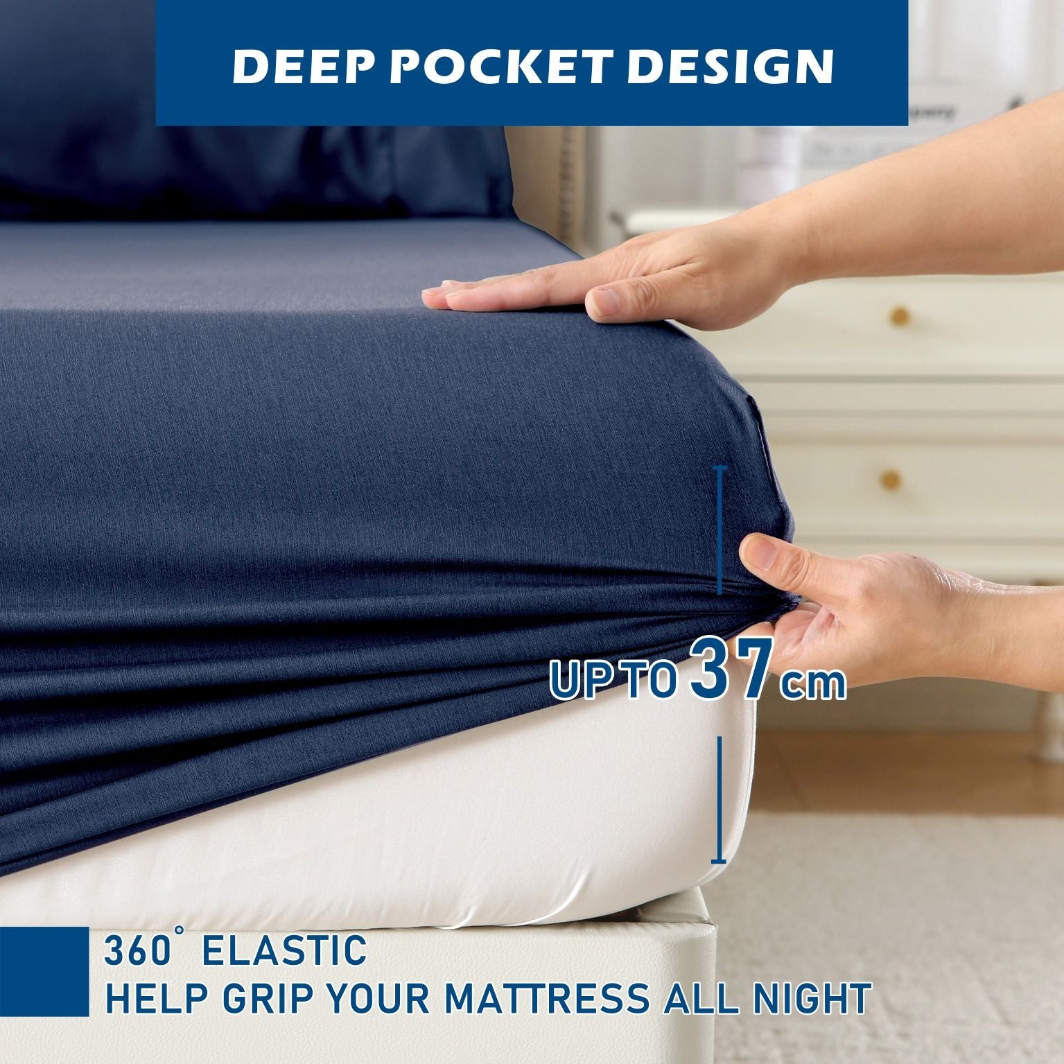 3 Piece Hotel Bamboo Cooling Sheet Set -Ultra Soft 2000TC Breathable Bed Sheets Set with 37 Centimetre Deep Pocket-Cooling Sheets for Hot Sleepers(Navy,Single)